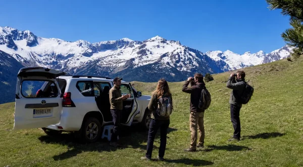 Tour 4x4 Valle de Aran · Observación de fauna Grupo observando fauna con prismáticos junto a un Land Rover 4x4 blanco en una pradera del Valle de Aran.